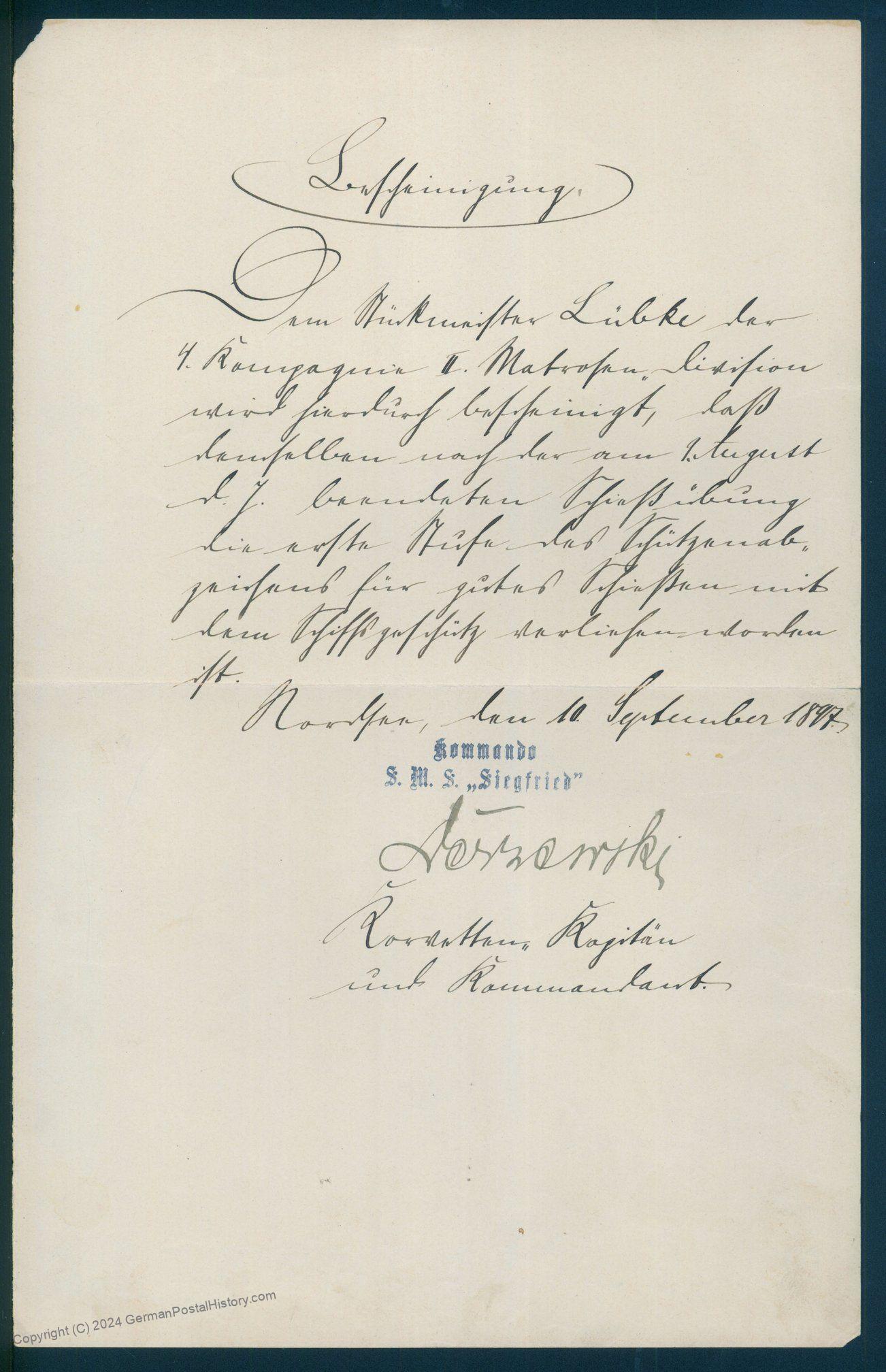 Germany 1897 SMS Siegfried North Sea Navy Commander Signed Letter 93044 Super promocyjna cena tanio